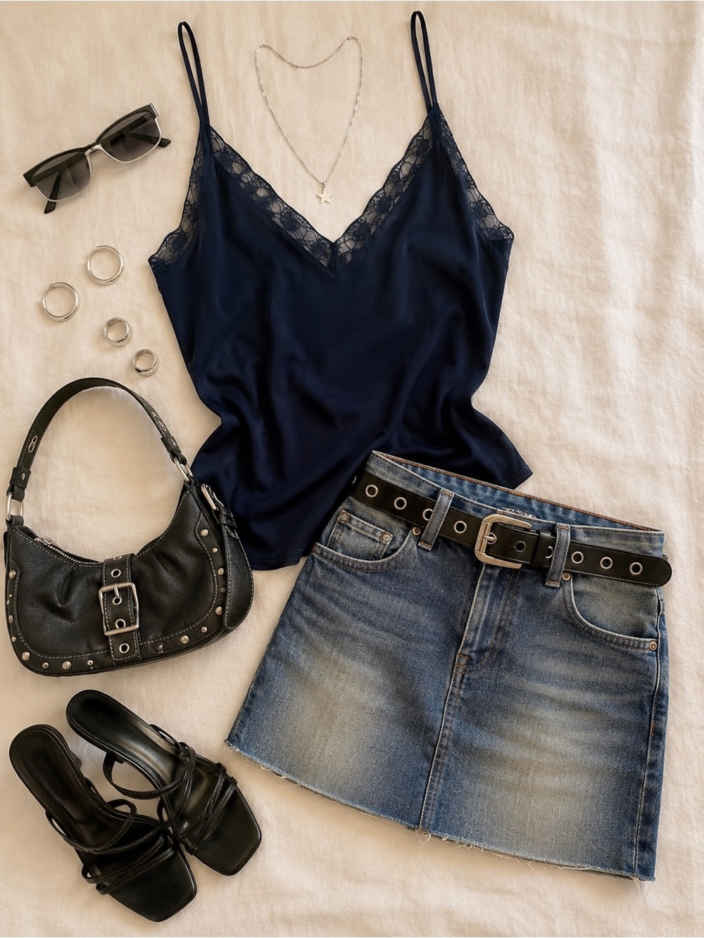 H&M Navy Lace Trim Cami Y2K Baddie 2000s Going Out Tank Top XL